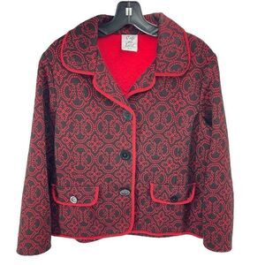 Cafe Au Lait Womens Vintage Blazer Jacket Patterned Button Up Black Red Large